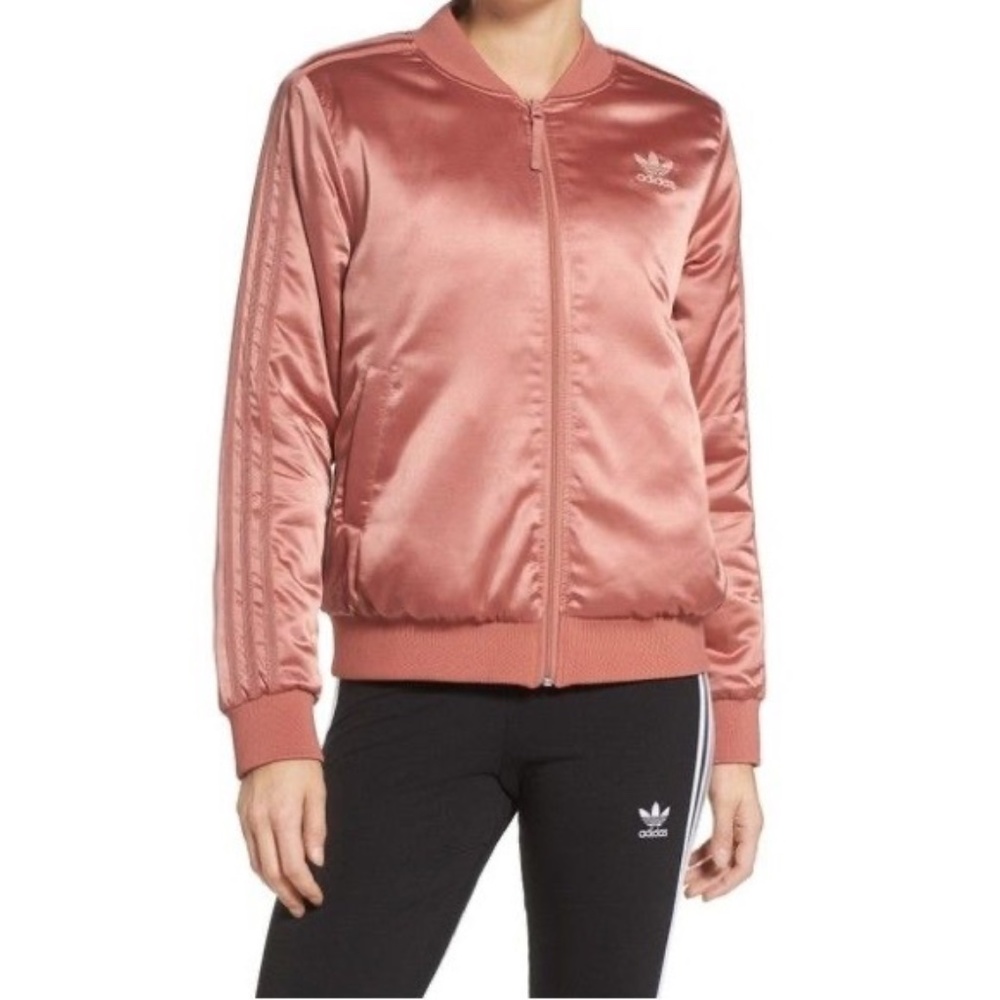Adidas rose gold satin trefoil bomber jacket in Size Small